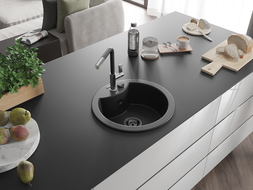 Mexen Diego granite kitchen sink 1-bowl with Flora kitchen tap, black - 6512-77-670401-07-B