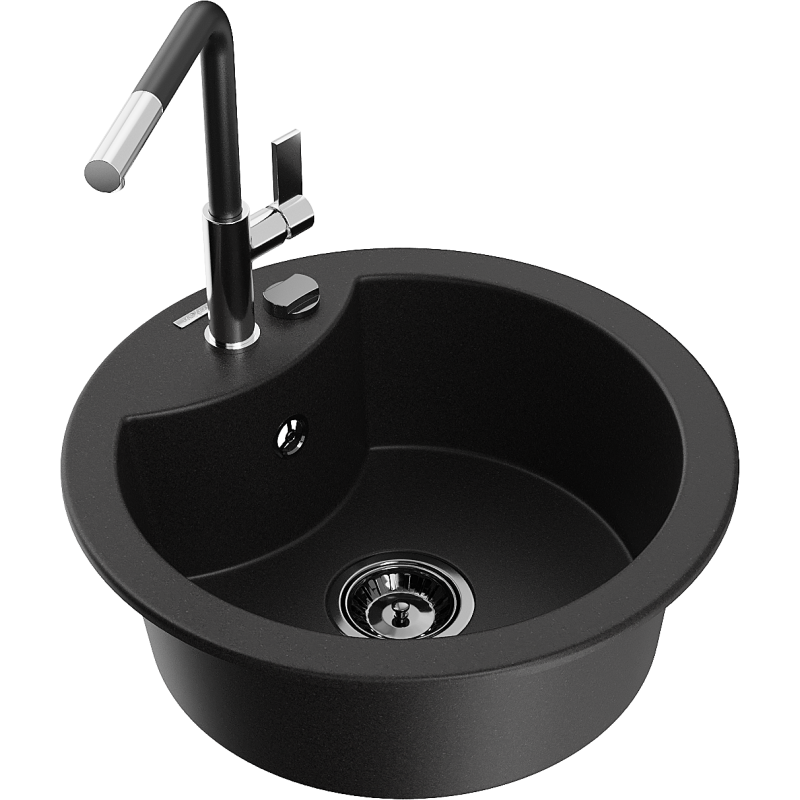 Mexen Diego granite kitchen sink 1-bowl with Flora kitchen tap, black - 6512-77-670401-07-B