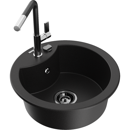 Mexen Diego granite kitchen sink 1-bowl with Flora kitchen tap, black - 6512-77-670401-07-B