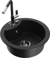Mexen Diego granite kitchen sink 1-bowl with Flora kitchen tap, black - 6512-77-670401-07-B