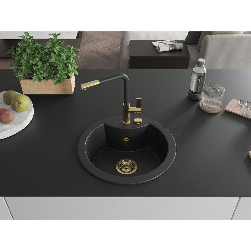 Mexen Diego granite sink, 1-bowl, with Flora kitchen tap, black - 6512-77-670401-57-G