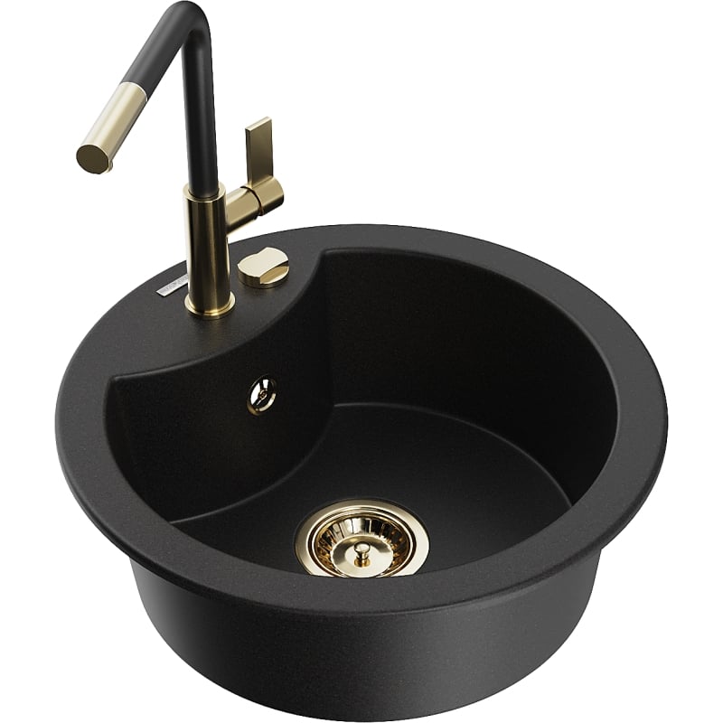 Mexen Diego 1-bowl granite kitchen sink with Flora faucet, black - 6512-77-670401-57-G