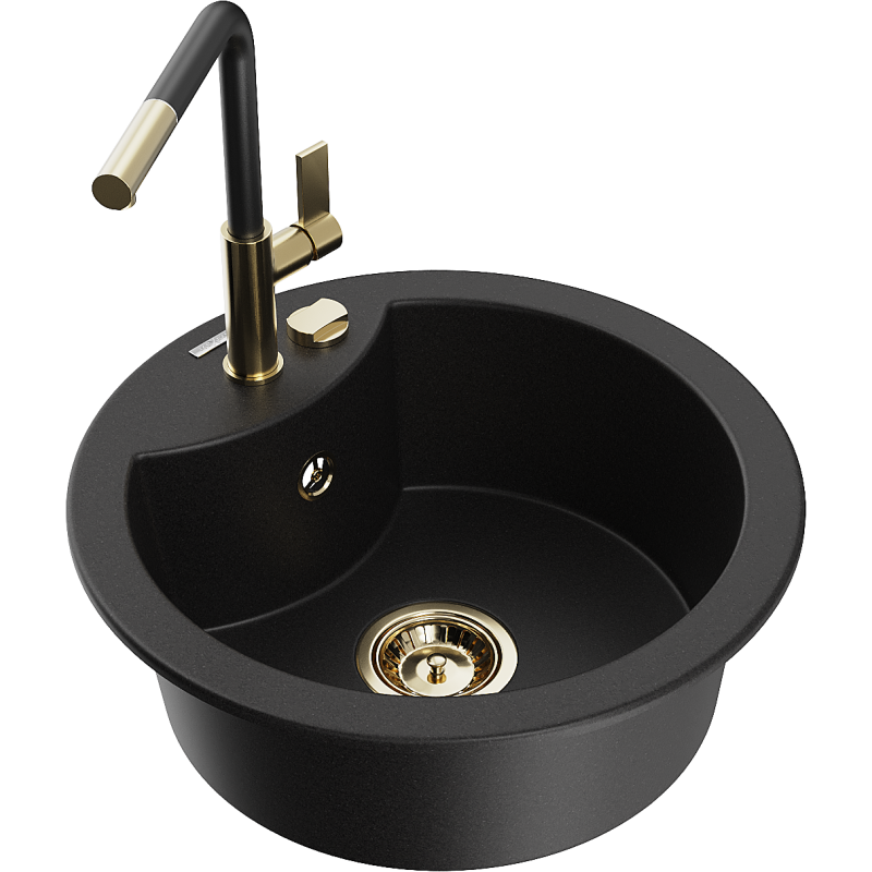 Mexen Diego granite sink, 1-bowl, with Flora kitchen tap, black - 6512-77-670401-57-G