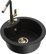 Mexen Diego granite sink, 1-bowl, with Flora kitchen tap, black - 6512-77-670401-57-G