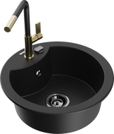 Mexen Diego single-bowl granite sink with Flora kitchen tap, black - 6512-77-670401-57-B