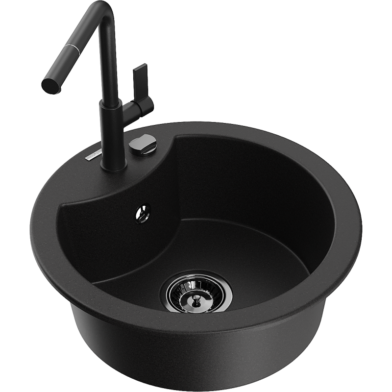 Mexen Diego granite sink 1-bowl with Flora kitchen tap, black - 6512-77-670401-70-B