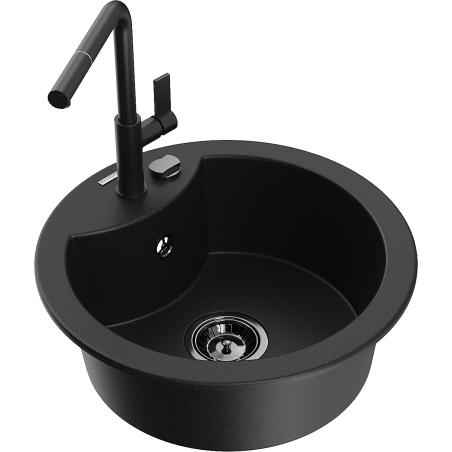 Mexen Diego granite sink 1-bowl with Flora kitchen tap, black - 6512-77-670401-70-B