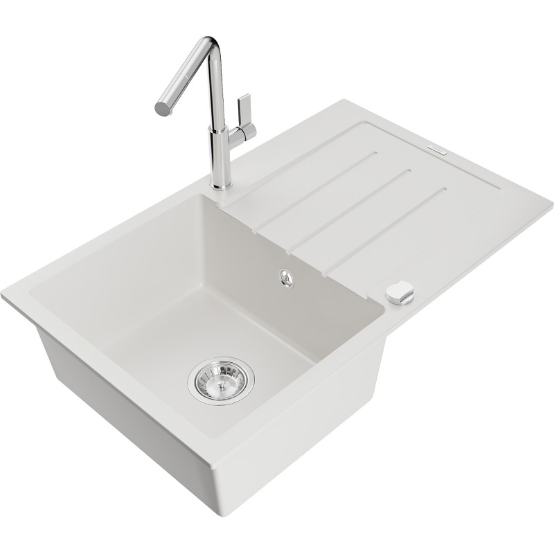 Mexen Bruno fregadero de granito de 1 tazón con escurridor y grifo de cocina Flora, blanco - 6513-20-670401-00