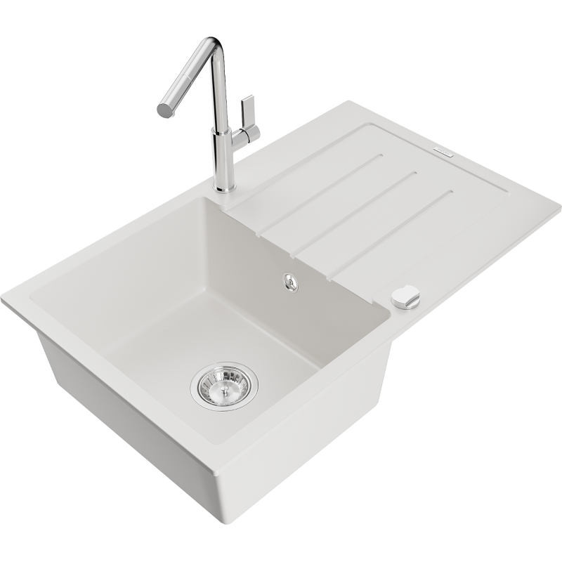 Mexen Bruno Granitspüle 1-Becken mit Abtropffläche und Küchenarmatur Flora, weiß - 6513-20-670401-00