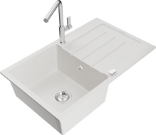 Mexen Bruno lava-loiça de granito com 1 cuba e escorredor e torneira de cozinha Flora, branco - 6513-20-670401-00