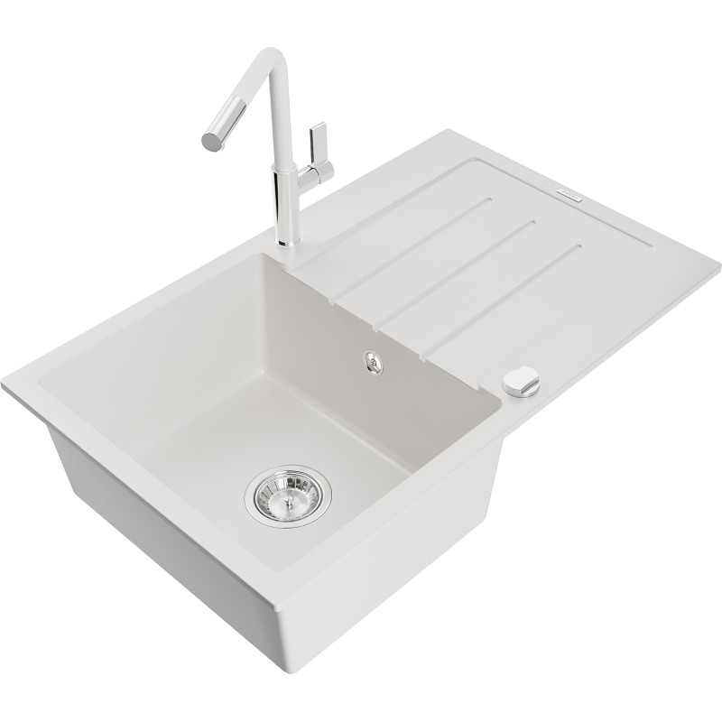 Mexen Bruno lava-loiça de granito 1-cuba com escorredor e torneira de cozinha Flora, branco - 6513-20-670401-02