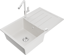 Mexen Bruno fregadero de granito de 1 compartimento con escurridor y grifo de cocina Flora, blanco - 6513-20-670401-02