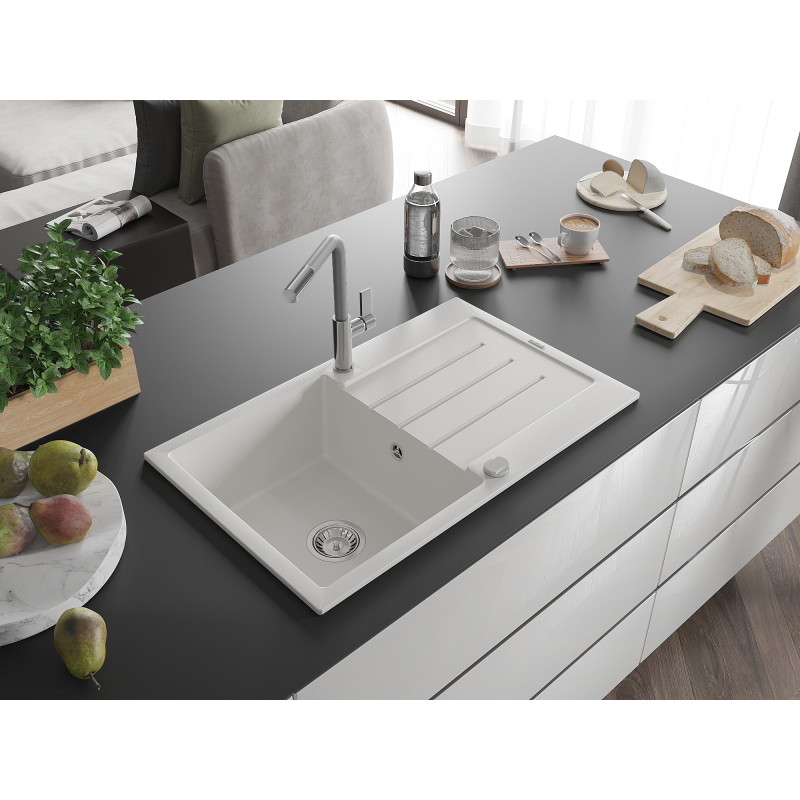 Mexen Bruno Évier en granit à 1 bac avec égouttoir et robinet de cuisine Flora, blanc - 6513-20-670401-06