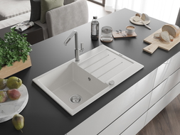 Mexen Bruno fregadero de granito de 1 seno con escurridor y grifo de cocina Flora, blanco - 6513-20-670401-06