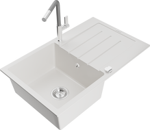 Mexen Bruno fregadero de granito de 1 seno con escurridor y grifo de cocina Flora, blanco - 6513-20-670401-06