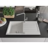 Mexen Bruno 1-bowl granite sink with drainer and Flora kitchen tap, white - 6513-20-670401-06