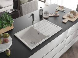 Mexen Bruno fregadero de granito de 1 cubeta con escurridor y grifo de cocina Flora, blanco - 6513-20-670401-07