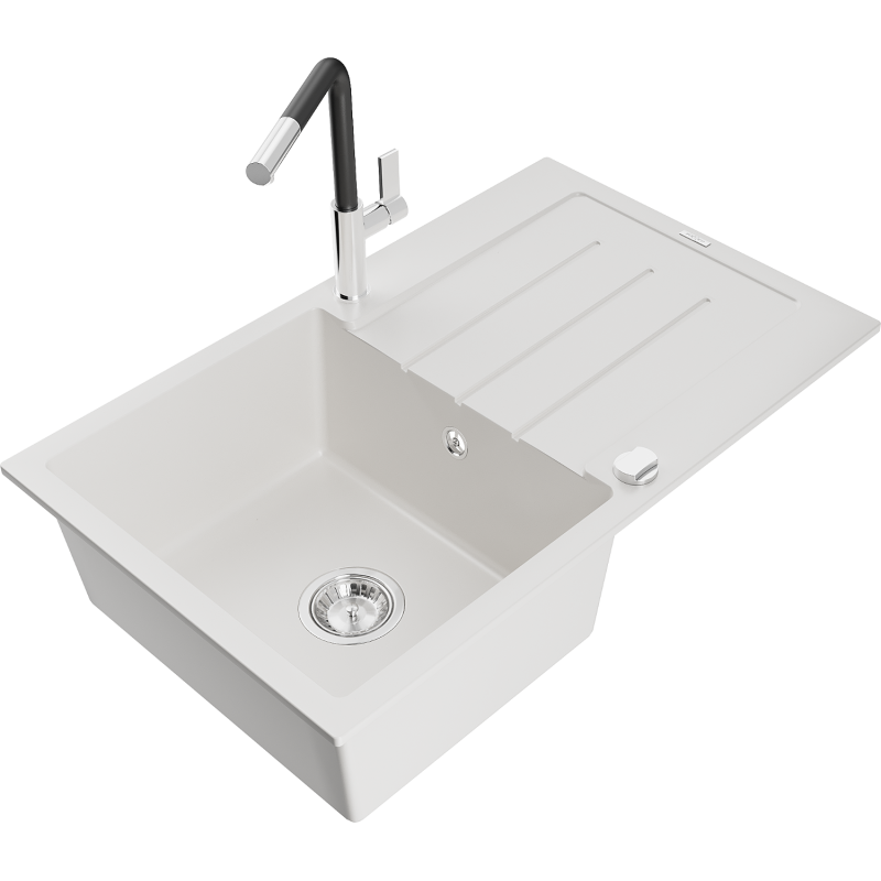 Mexen Bruno fregadero de granito de 1 cubeta con escurridor y grifo de cocina Flora, blanco - 6513-20-670401-07
