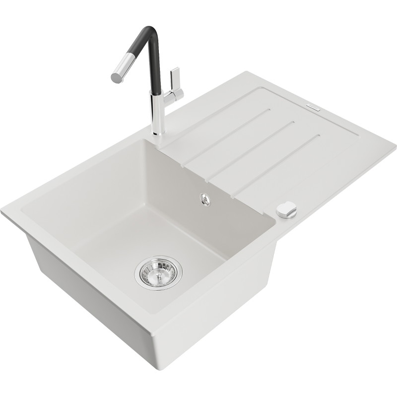 Mexen Bruno fregadero de granito de 1 seno con escurridor y grifo de cocina Flora, blanco - 6513-20-670401-07