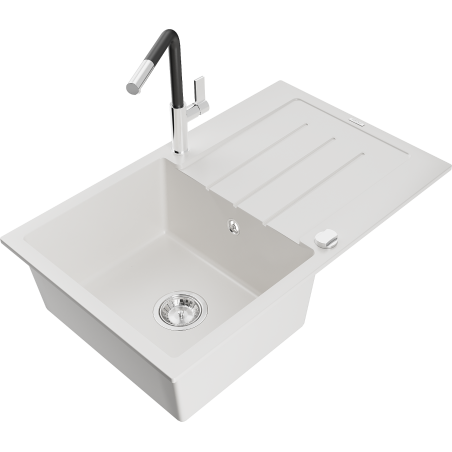 Mexen Bruno fregadero de granito de 1 seno con escurridor y grifo de cocina Flora, blanco - 6513-20-670401-07