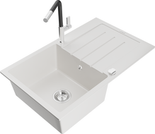Mexen Bruno fregadero de granito de 1 cubeta con escurridor y grifo de cocina Flora, blanco - 6513-20-670401-07