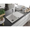 Mexen Bruno Granitspüle 1-Becken mit Abtropffläche und Küchenarmatur Flora, weiß - 6513-20-670401-07-B