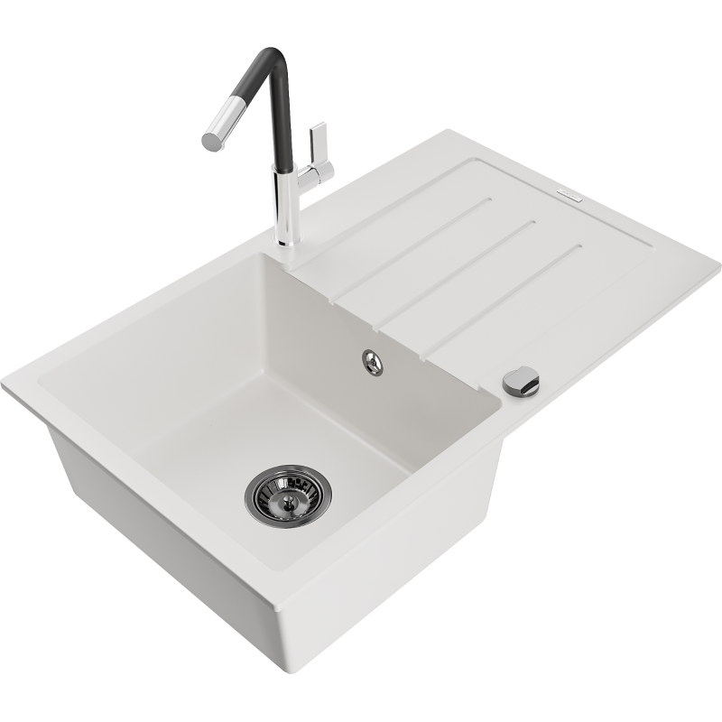 Mexen Bruno granieten spoelbak 1-kompartment met afdruiprek en keukenkraan Flora, wit - 6513-20-670401-07-B