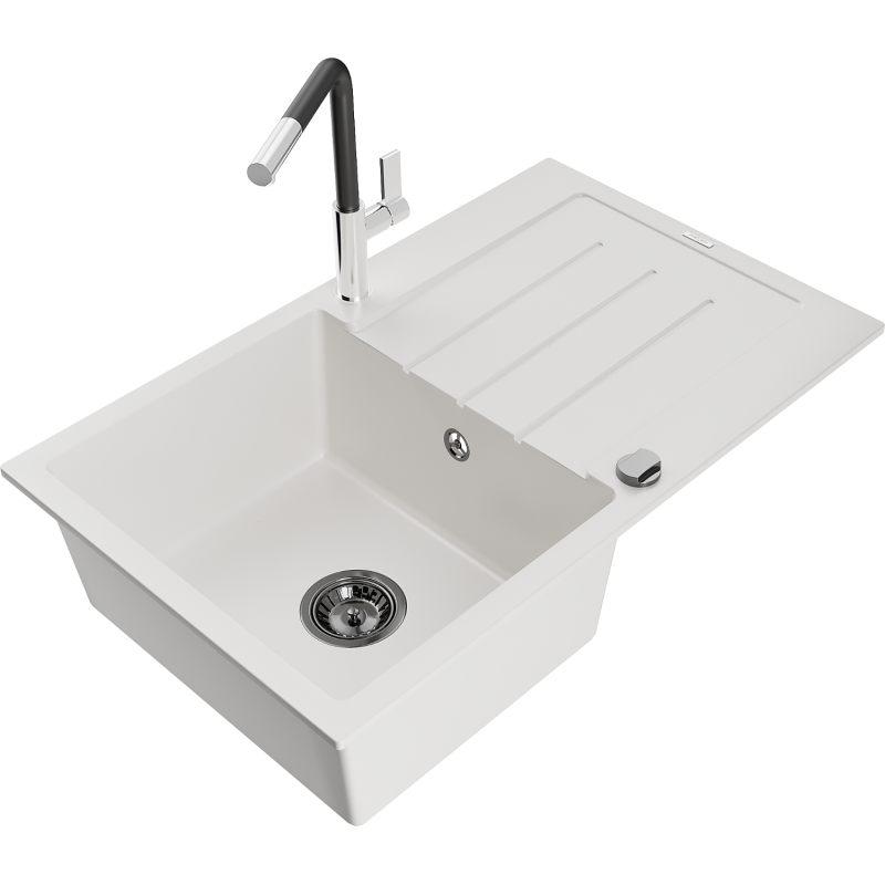 Mexen Bruno Granitspüle 1-Becken mit Abtropffläche und Küchenarmatur Flora, weiß - 6513-20-670401-07-B
