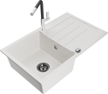 Mexen Bruno fregadero de granito de 1 seno con escurridor y grifo de cocina Flora, blanco - 6513-20-670401-07-B