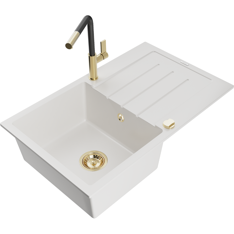 Mexen Bruno lava-loiça de granito de 1 bacia com escorredor e torneira de cozinha Flora, branco - 6513-20-670401-57-G