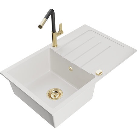 Mexen Bruno fregadero de granito de 1 seno con escurridor y grifo de cocina Flora, blanco - 6513-20-670401-57-G