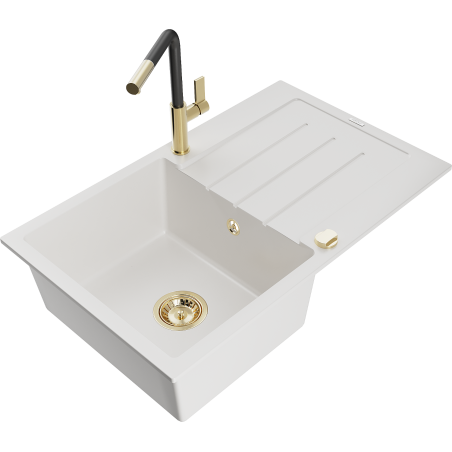 Mexen Bruno Granitspüle 1-Becken mit Abtropffläche und Küchenarmatur Flora, weiß - 6513-20-670401-57-G