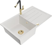 Mexen Bruno fregadero de granito de 1 seno con escurridor y grifo de cocina Flora, blanco - 6513-20-670401-57-G
