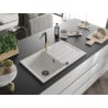 Mexen Bruno 1-bowl granite sink with drainer and Flora kitchen faucet, white - 6513-20-670401-57-B