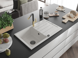 Mexen Bruno Granitspüle 1-Becken mit Abtropffläche und Küchenarmatur Flora, Weiß - 6513-20-670401-57-B