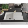 Mexen Bruno 1-bowl granite sink with drainer and Flora kitchen faucet, white - 6513-20-670401-57-B