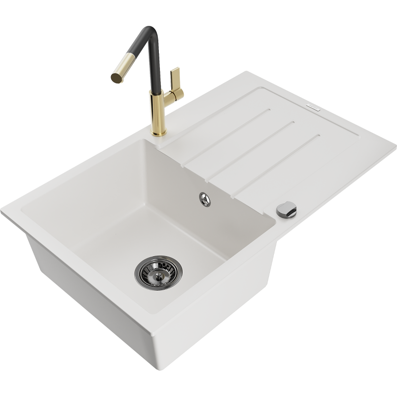 Mexen Bruno fregadero de granito de 1 cubeta con escurridor y grifo de cocina Flora, blanco - 6513-20-670401-57-B