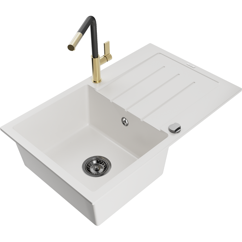 Mexen Bruno lava-loiça de granito 1-câmara com escorredor e torneira de cozinha Flora, branco - 6513-20-670401-57-B