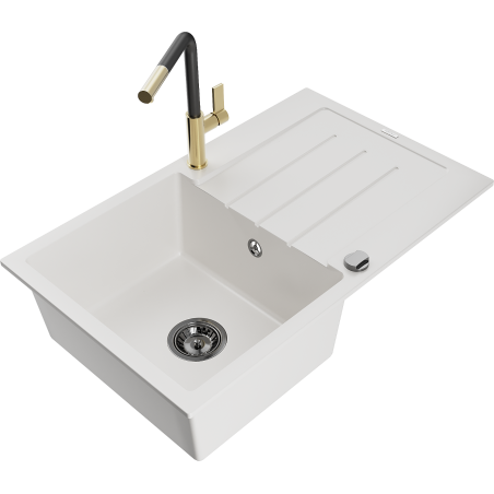 Mexen Bruno Granitspüle 1-Becken mit Abtropffläche und Küchenarmatur Flora, Weiß - 6513-20-670401-57-B