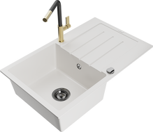 Mexen Bruno Granitspüle 1-Becken mit Abtropffläche und Küchenarmatur Flora, Weiß - 6513-20-670401-57-B