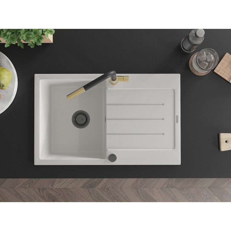 Mexen Bruno fregadero de granito de 1 compartimento con escurridor y grifo de cocina Flora, blanco - 6513-20-670401-57-B