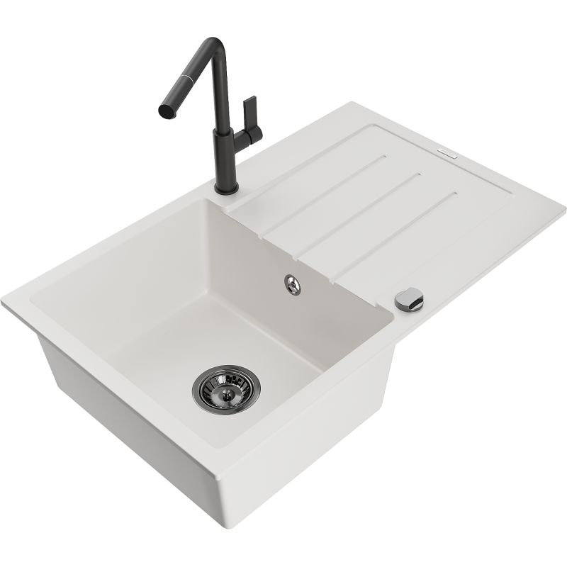 Mexen Bruno fregadero de granito de un seno con escurridor y grifo de cocina Flora, blanco - 6513-20-670401-70-B