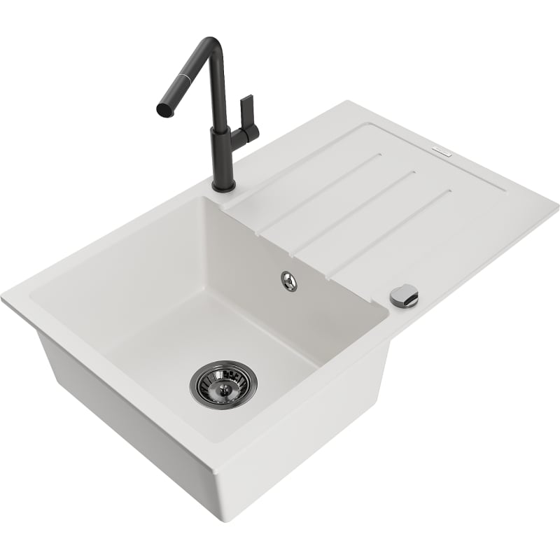 Mexen Bruno granite kitchen sink with 1 basin, drainer, and Flora kitchen faucet, white - 6513-20-670401-70-B