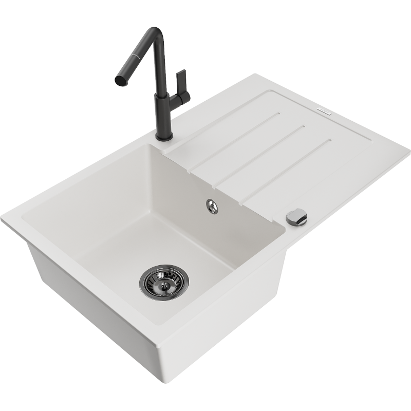 Mexen Bruno granite sink 1-bowl with drainer and Flora kitchen tap, white - 6513-20-670401-70-B
