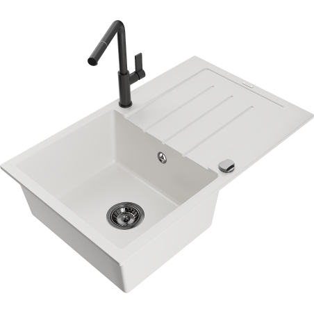 Mexen Bruno granite sink 1-bowl with drainer and Flora kitchen tap, white - 6513-20-670401-70-B