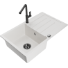 Mexen Bruno granite sink 1-bowl with drainer and Flora kitchen tap, white - 6513-20-670401-70-B