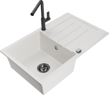 Mexen Bruno granitno pomivalno korito z eno posodo in odcejalnikom ter kuhinjsko pipo Flora, belo - 6513-20-670401-70-B