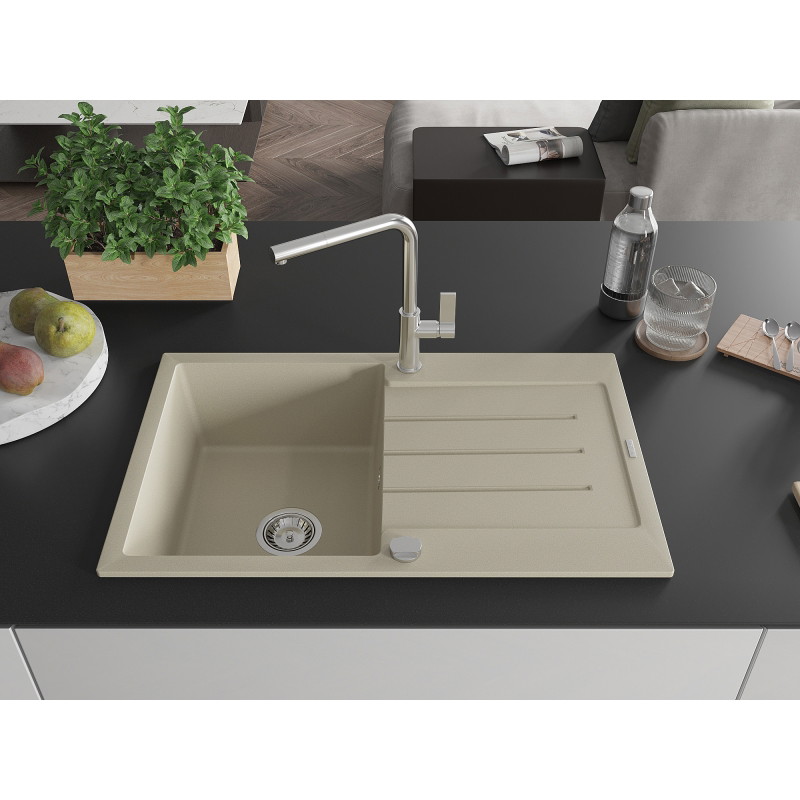 Mexen Bruno évier en granit 1 bac avec égouttoir et robinet de cuisine Flora, beige - 6513-69-670401-00