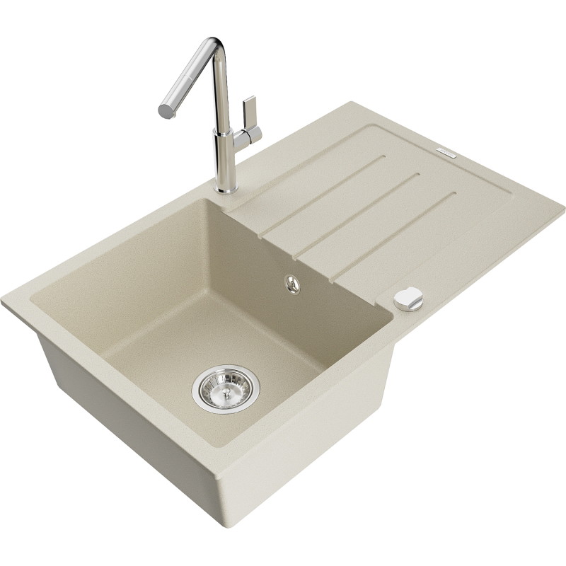 Mexen Bruno 1-kommer granieten spoelbak met afdruiprek en keukenmengkraan Flora, beige - 6513-69-670401-00