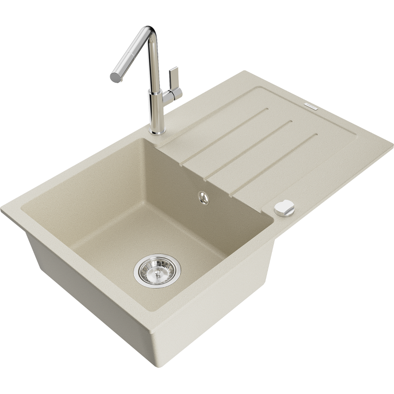 Mexen Bruno lava-loiça de granito de 1 cuba com escorredor e torneira de cozinha Flora, bege - 6513-69-670401-00